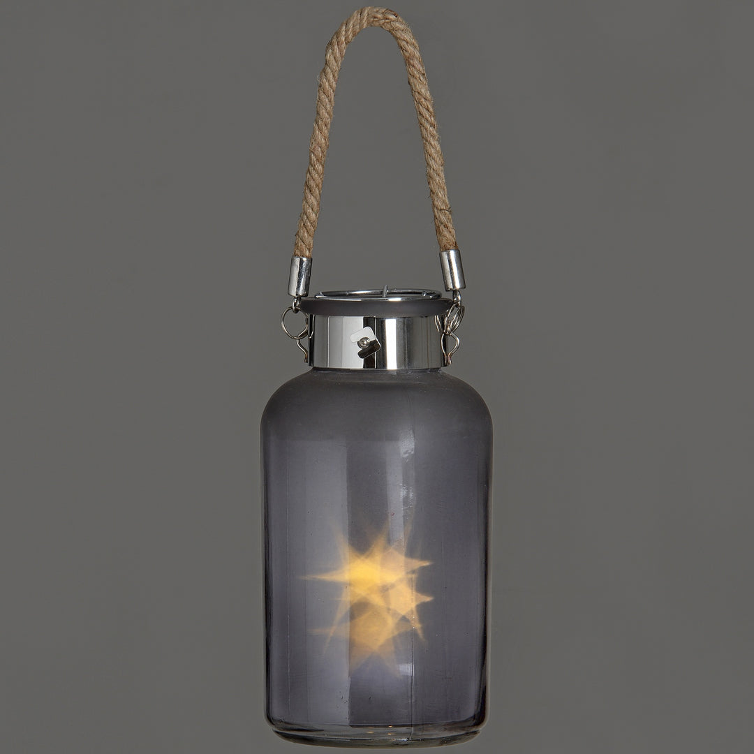 Frosted Grey Glass Lantern with Rope Detail and LED