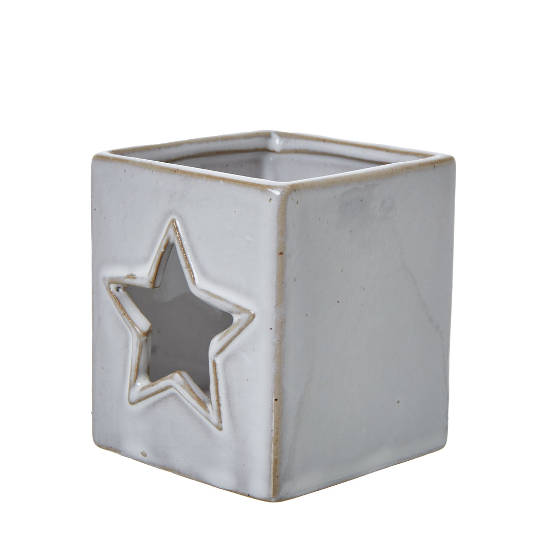 White Ceramic Star Cut-Out Square Tealight Holder