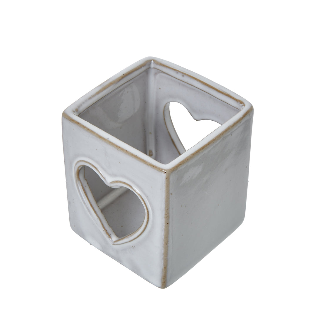 White Ceramic Heart Cut-Out Square Tealight Holder